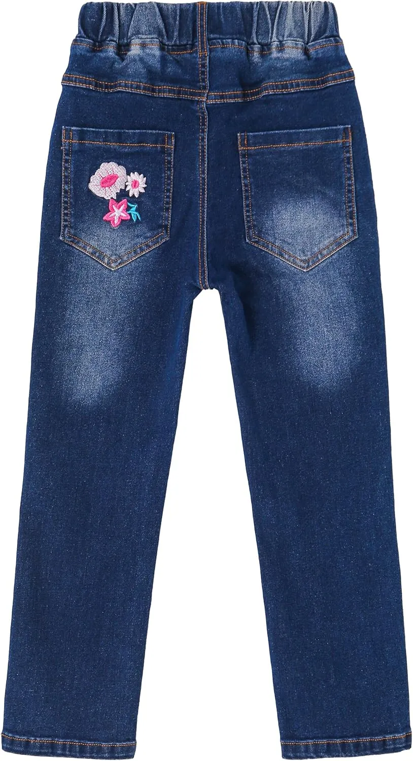 KIDSCOOL SPACE Girls Jeans, Ribbed Elastic Waist Embroidered Denim Pants