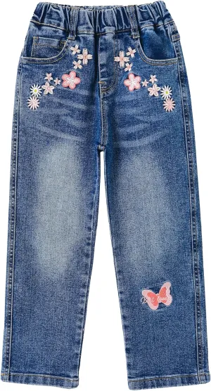 KIDSCOOL SPACE Girls Jeans, Ribbed Elastic Waist Embroidered Denim Pants