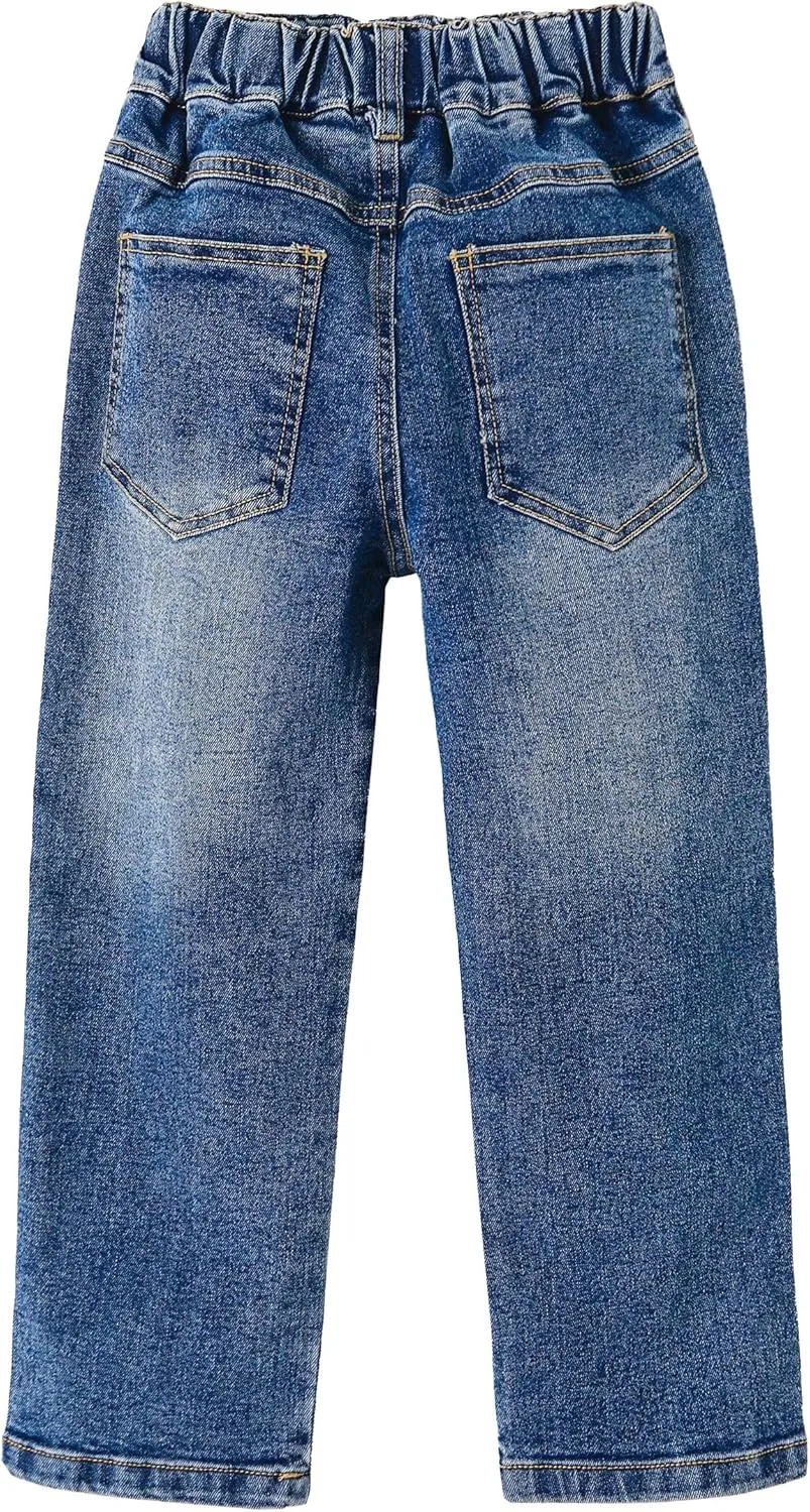 KIDSCOOL SPACE Girls Jeans, Ribbed Elastic Waist Embroidered Denim Pants