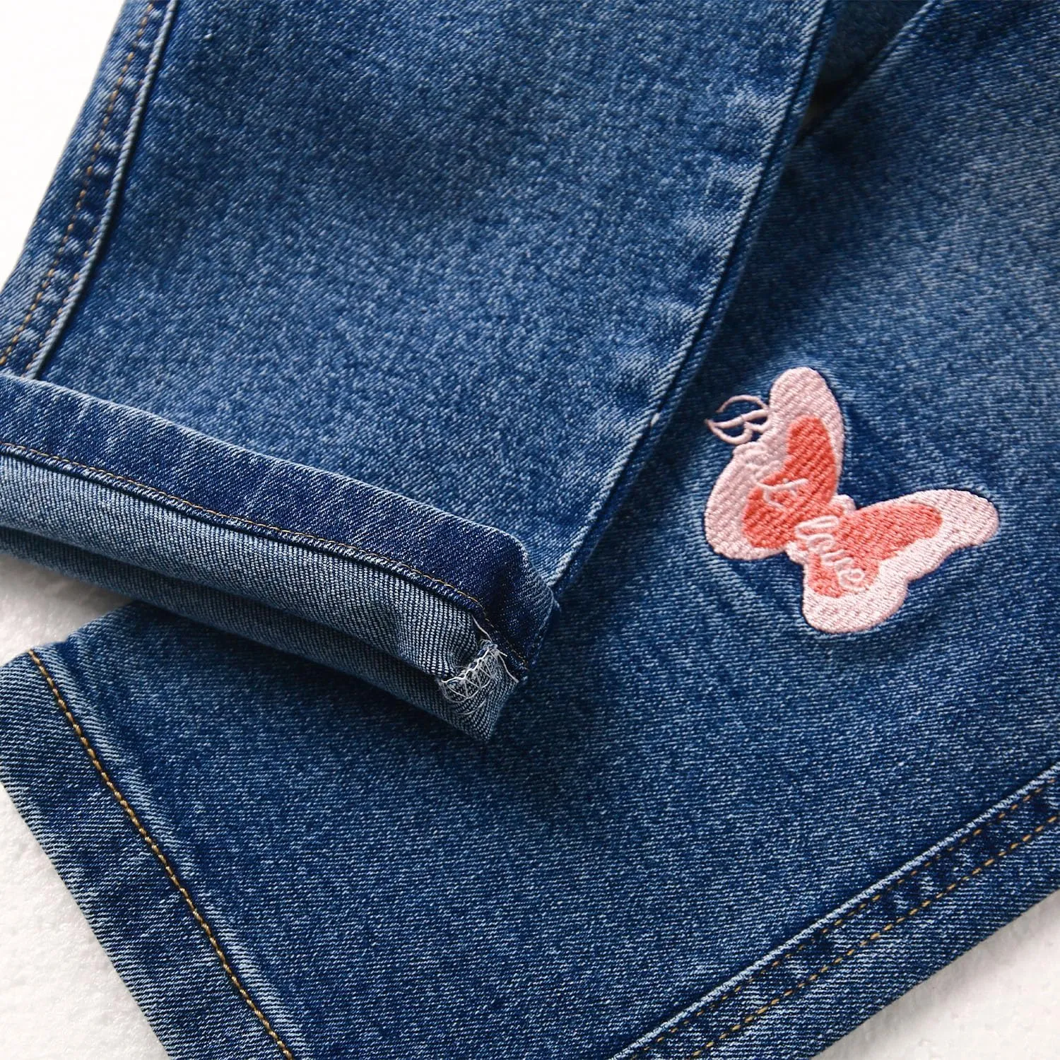 KIDSCOOL SPACE Girls Jeans, Ribbed Elastic Waist Embroidered Denim Pants