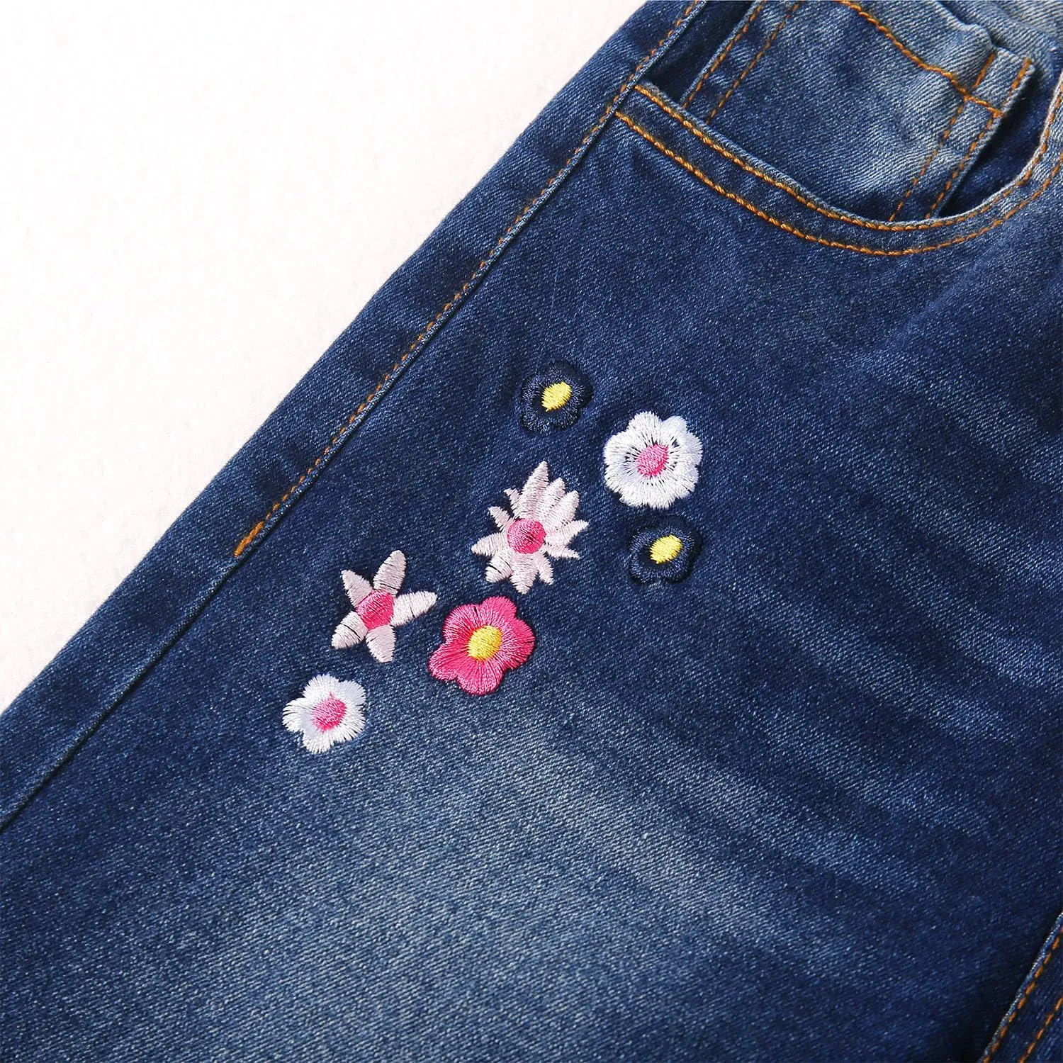 KIDSCOOL SPACE Girls Jeans, Ribbed Elastic Waist Embroidered Denim Pants