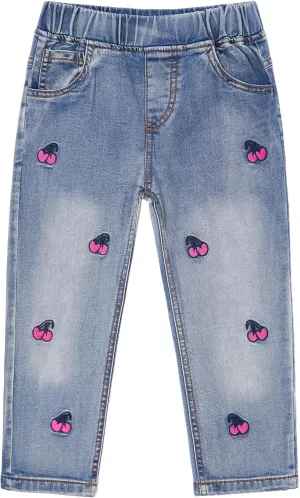 KIDSCOOL SPACE Girls Jeans, Ribbed Elastic Waist Embroidered Denim Pants