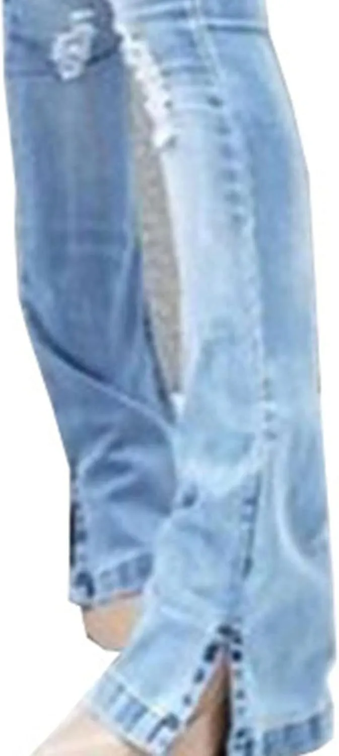 Ladies Side Slit Slim Ripped Denim Trousers Butt Lifting Flare Hold Jeans Stretch High Waisted Bell Distressed Jean