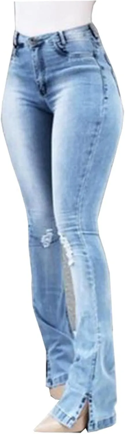 Ladies Side Slit Slim Ripped Denim Trousers Butt Lifting Flare Hold Jeans Stretch High Waisted Bell Distressed Jean