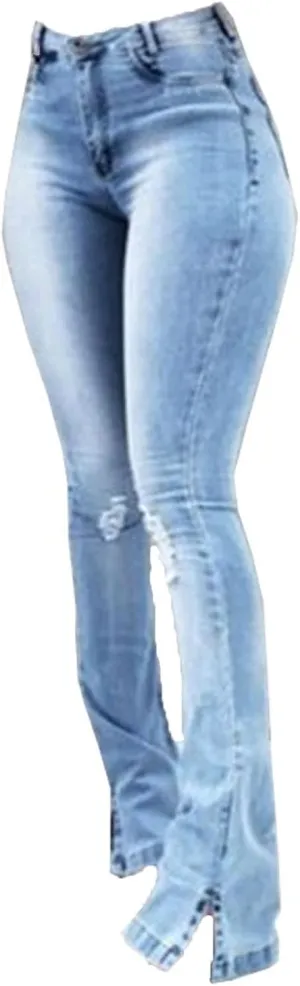 Ladies Side Slit Slim Ripped Denim Trousers Butt Lifting Flare Hold Jeans Stretch High Waisted Bell Distressed Jean