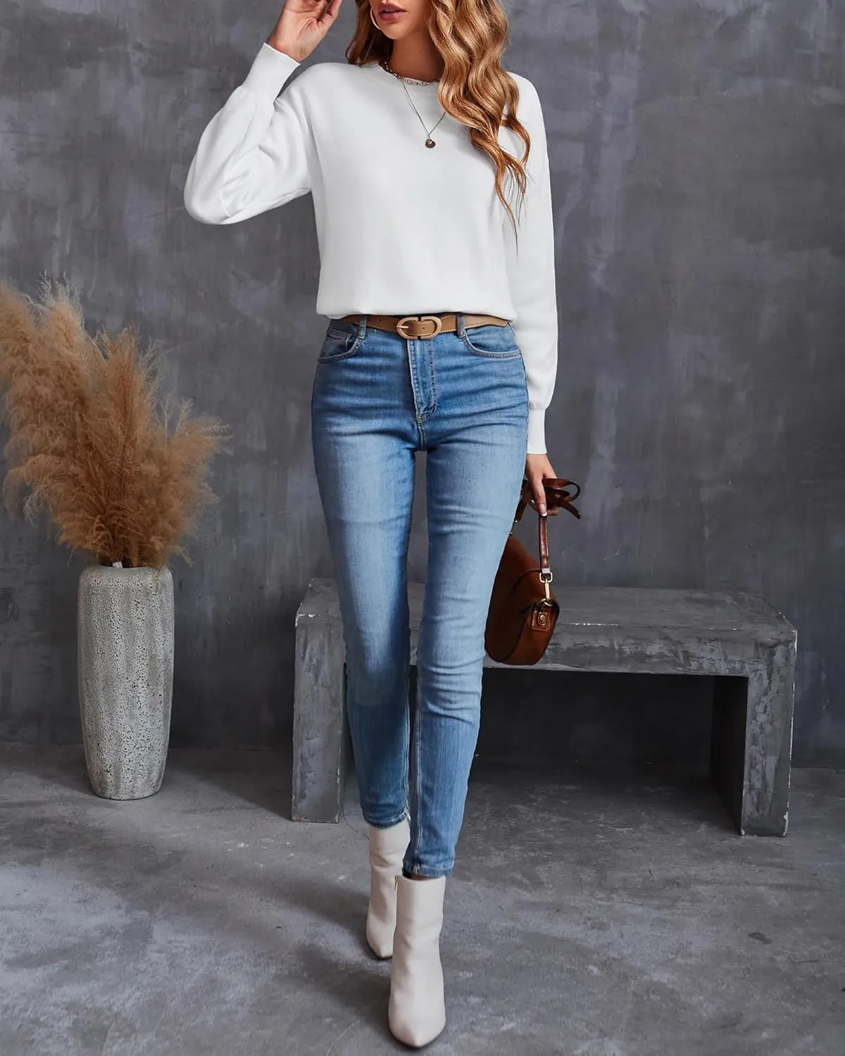 LAISHEN Women's Fall Fashion 2025 Casual Long Sleeve Crewneck Loose Knit Pullover Cute Sweater Tops