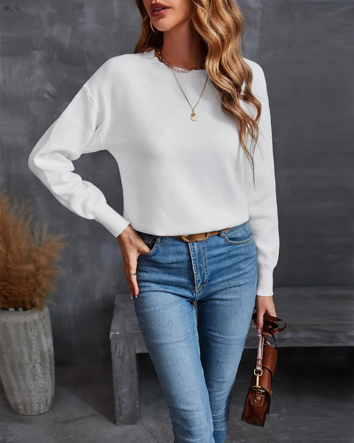 LAISHEN Women's Fall Fashion 2025 Casual Long Sleeve Crewneck Loose Knit Pullover Cute Sweater Tops