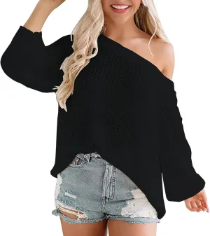 LCMTWX Women's Off The Shoulder Line Neck Hollow Out Loose Knit Pullover Sweater Sweater Pullovers for Teen Girls