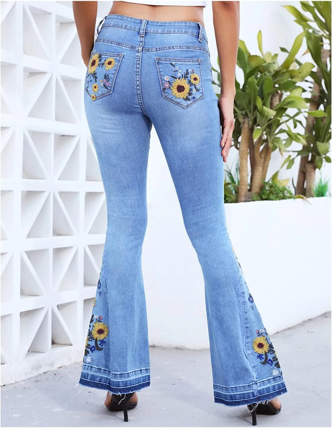 Lisskolo Bell Bottom Jeans for Women Flared Floral Embroidered Jean Wide Leg Denim Pants