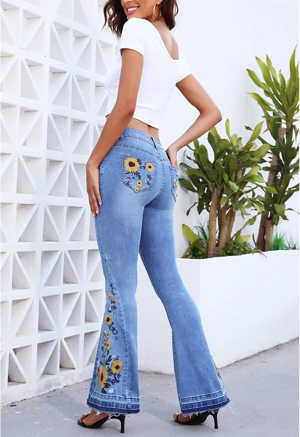Lisskolo Bell Bottom Jeans for Women Flared Floral Embroidered Jean Wide Leg Denim Pants