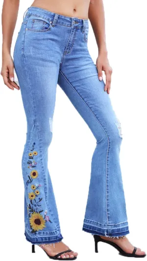 Lisskolo Bell Bottom Jeans for Women Flared Floral Embroidered Jean Wide Leg Denim Pants