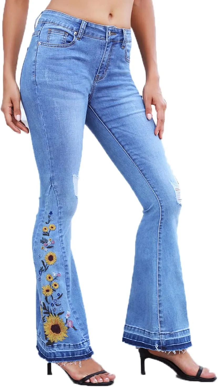 Lisskolo Bell Bottom Jeans for Women Flared Floral Embroidered Jean Wide Leg Denim Pants