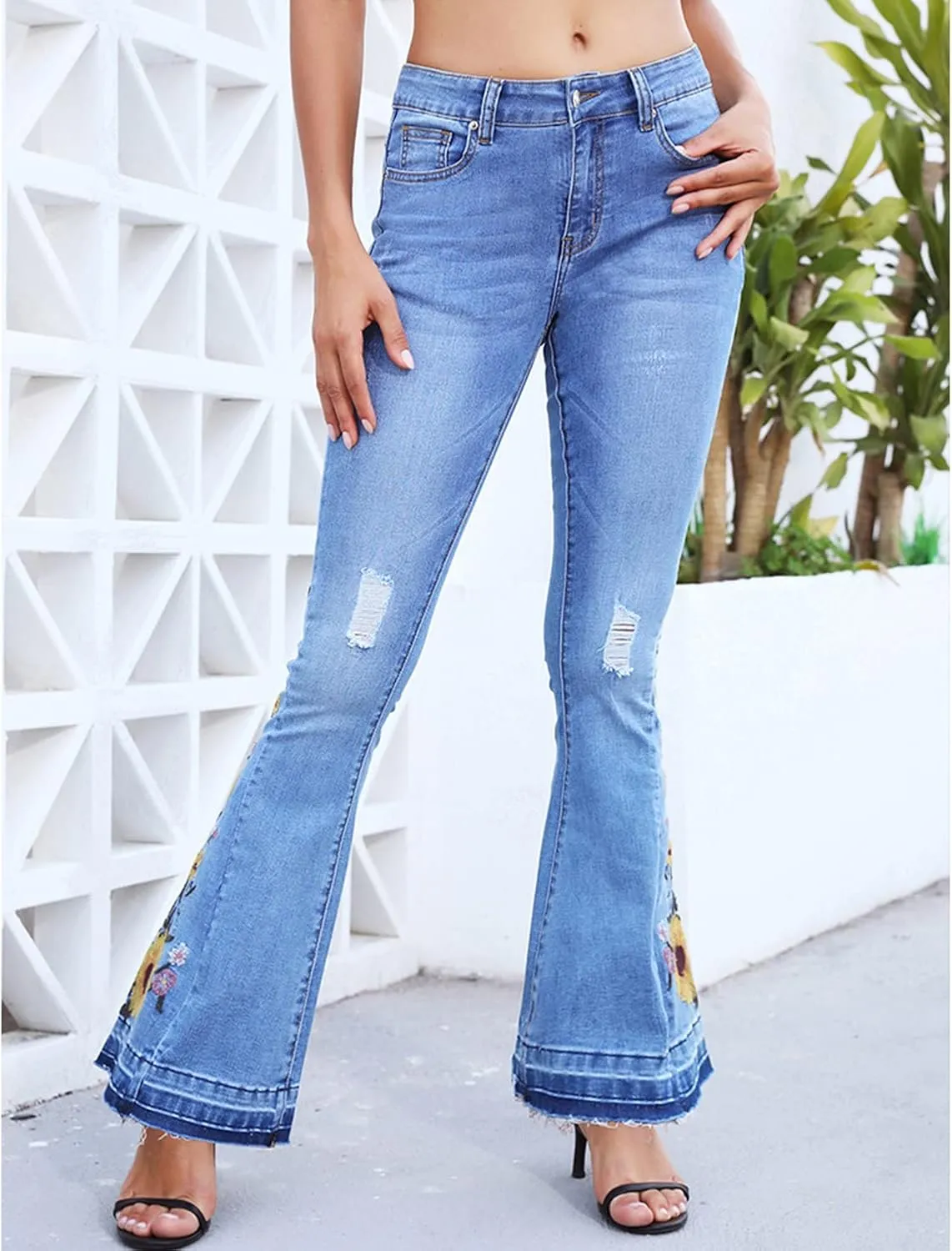 Lisskolo Bell Bottom Jeans for Women Flared Floral Embroidered Jean Wide Leg Denim Pants