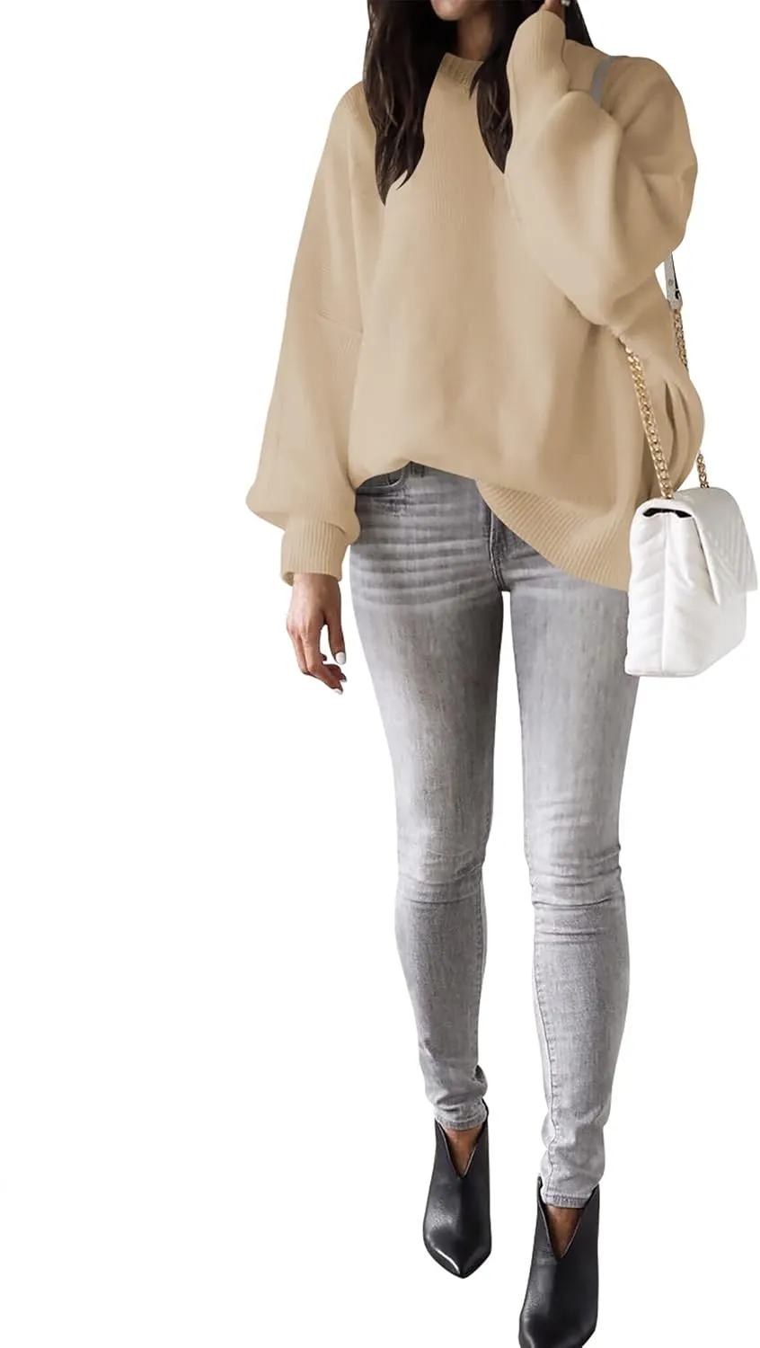 LOGENE Women's Oversized Batwing Long Sleeve Crewneck Side Slit Ribbed Knit Pullover Sweater Tops