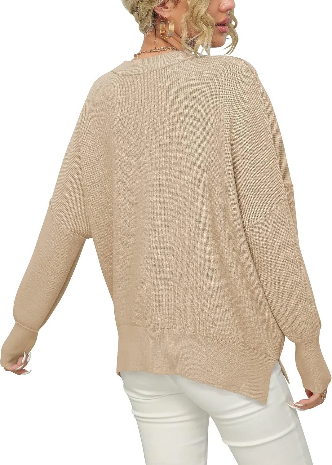 LOGENE Women's Oversized Batwing Long Sleeve Crewneck Side Slit Ribbed Knit Pullover Sweater Tops