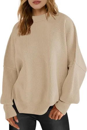 LOGENE Women's Oversized Batwing Long Sleeve Crewneck Side Slit Ribbed Knit Pullover Sweater Tops