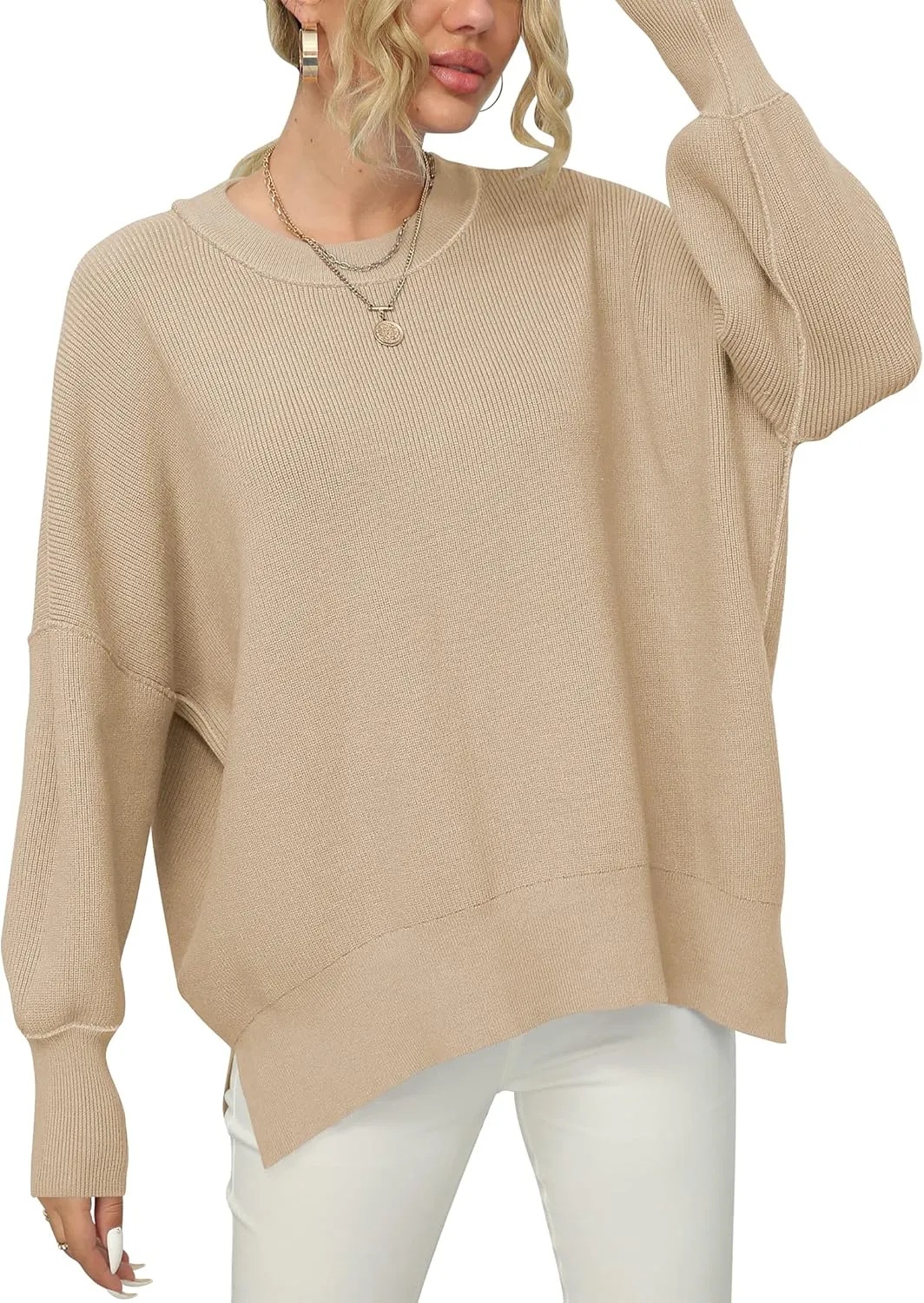 LOGENE Women's Oversized Batwing Long Sleeve Crewneck Side Slit Ribbed Knit Pullover Sweater Tops
