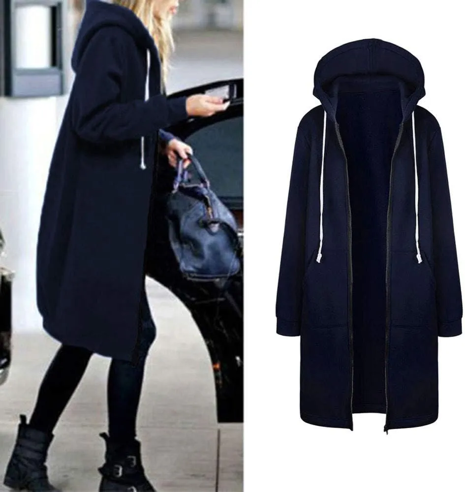 Long Hoodie for Women Zip Up Drawstring Fleece Warm Oversized Sweatshirt Jackets Fall Winter Open Front Cardigan Coat