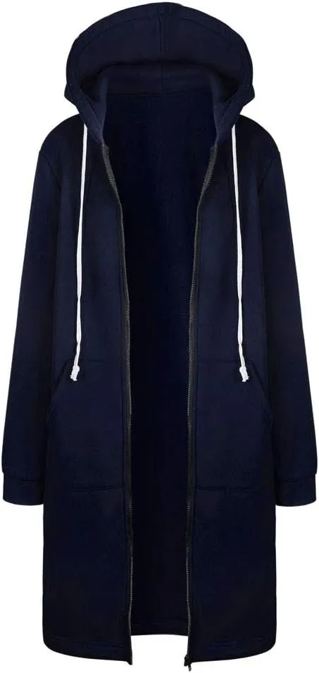Long Hoodie for Women Zip Up Drawstring Fleece Warm Oversized Sweatshirt Jackets Fall Winter Open Front Cardigan Coat