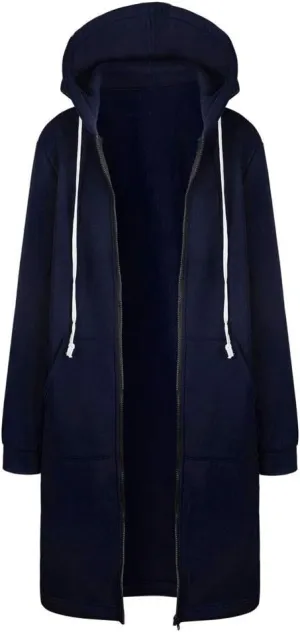 Long Hoodie for Women Zip Up Drawstring Fleece Warm Oversized Sweatshirt Jackets Fall Winter Open Front Cardigan Coat