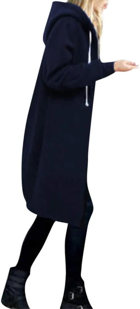 Long Hoodie for Women Zip Up Drawstring Fleece Warm Oversized Sweatshirt Jackets Fall Winter Open Front Cardigan Coat