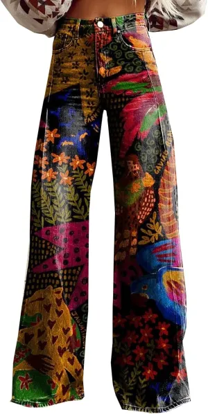 Long Jeans for Women TallWomen's Flare Wide Leg Jeans 2025 High Waisted Denim Vintage Floral Printed Pants Casual Colorful Straight Trouser