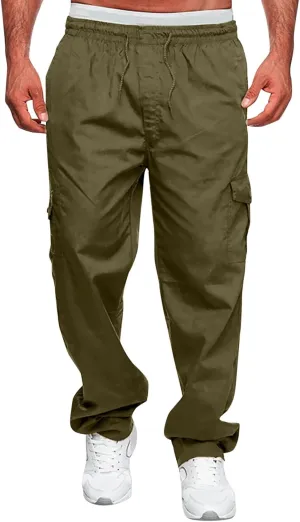 Male Versatile All Season Cargo Pants Multi Pocket Zip Button Hem Solid Color Plus Relaxed fit Cargo Trousers for