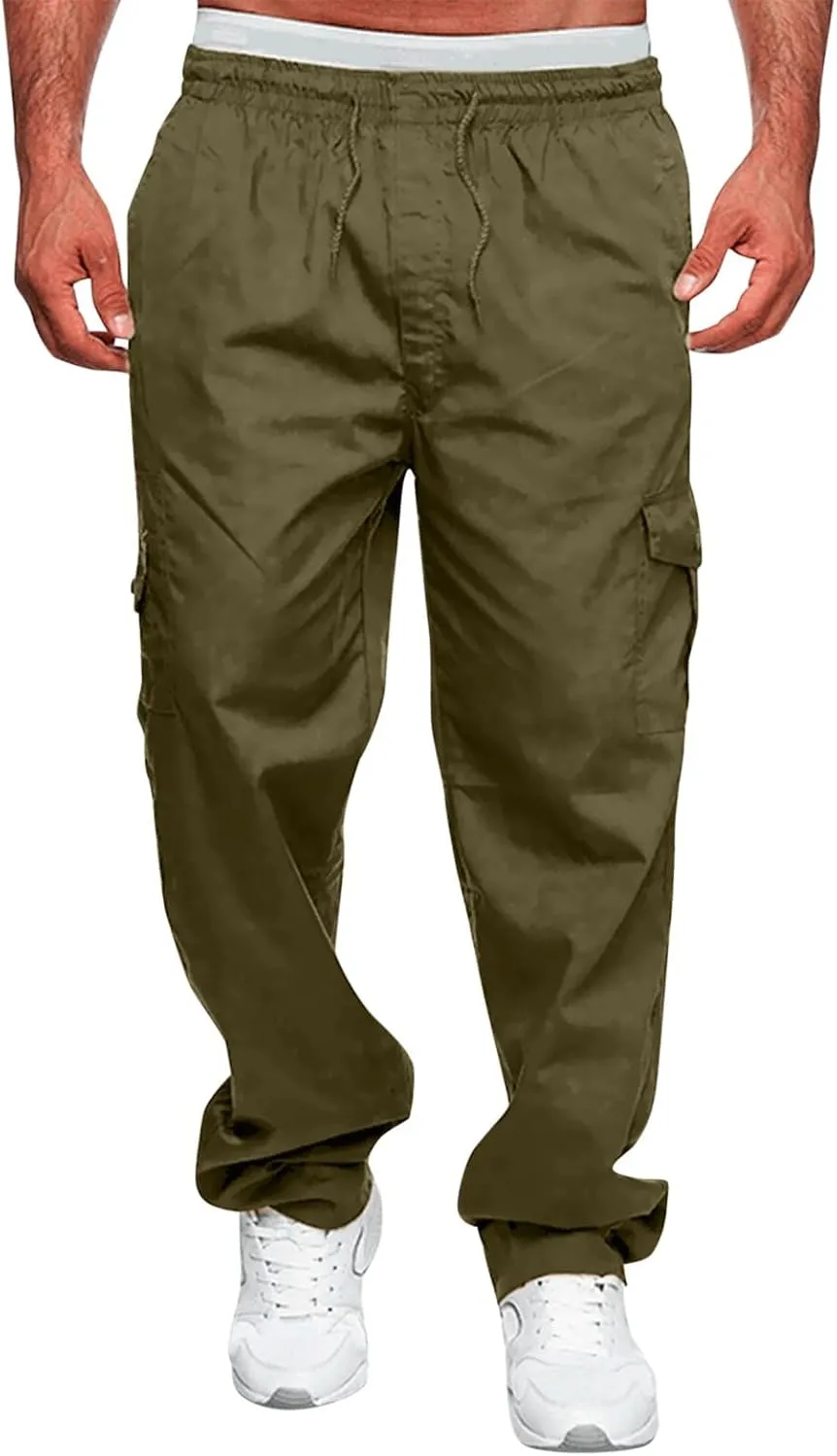 Male Versatile All Season Cargo Pants Multi Pocket Zip Button Hem Solid Color Plus Relaxed fit Cargo Trousers for