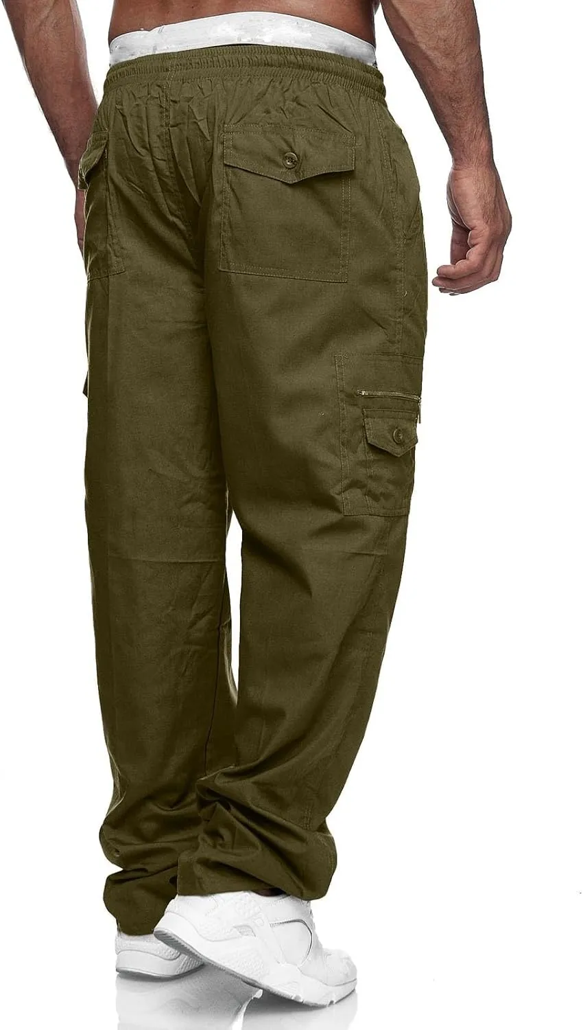 Male Versatile All Season Cargo Pants Multi Pocket Zip Button Hem Solid Color Plus Relaxed fit Cargo Trousers for