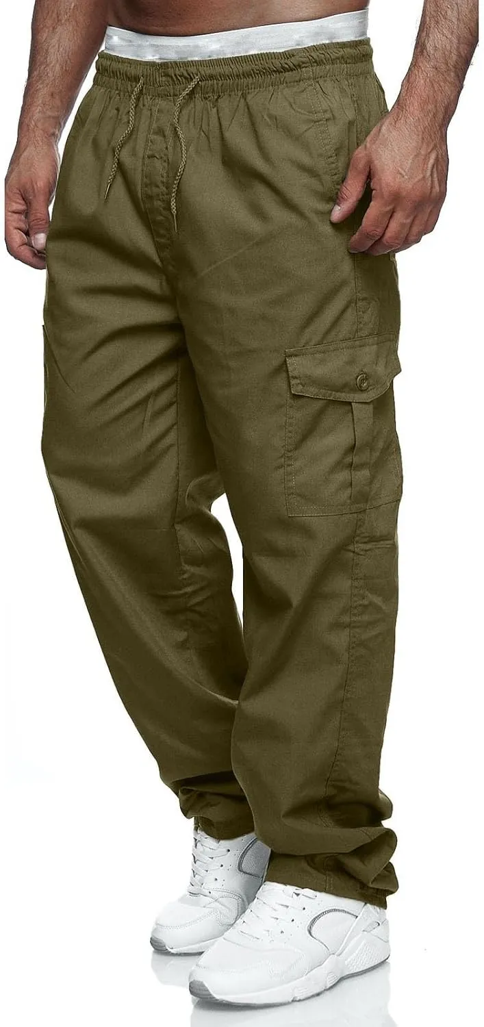 Male Versatile All Season Cargo Pants Multi Pocket Zip Button Hem Solid Color Plus Relaxed fit Cargo Trousers for
