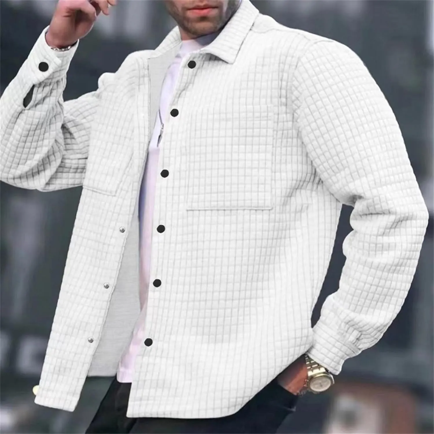Men Casual Plaid Shirt Long Sleeve Lapel Button Cotton Casual Coat Outdoor Sport Travel Daily Clothes with Pocket
