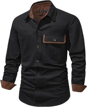 Men Cotton Shirt Casual Long Sleeve Metal Buttons Dress Shirts Stylish Colorblock Work Blouse Tees with Chest Pockets