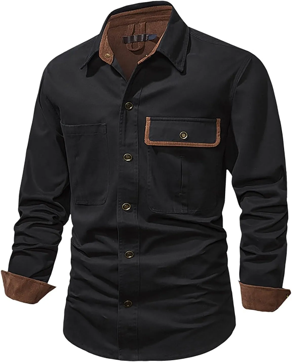 Men Cotton Shirt Casual Long Sleeve Metal Buttons Dress Shirts Stylish Colorblock Work Blouse Tees with Chest Pockets