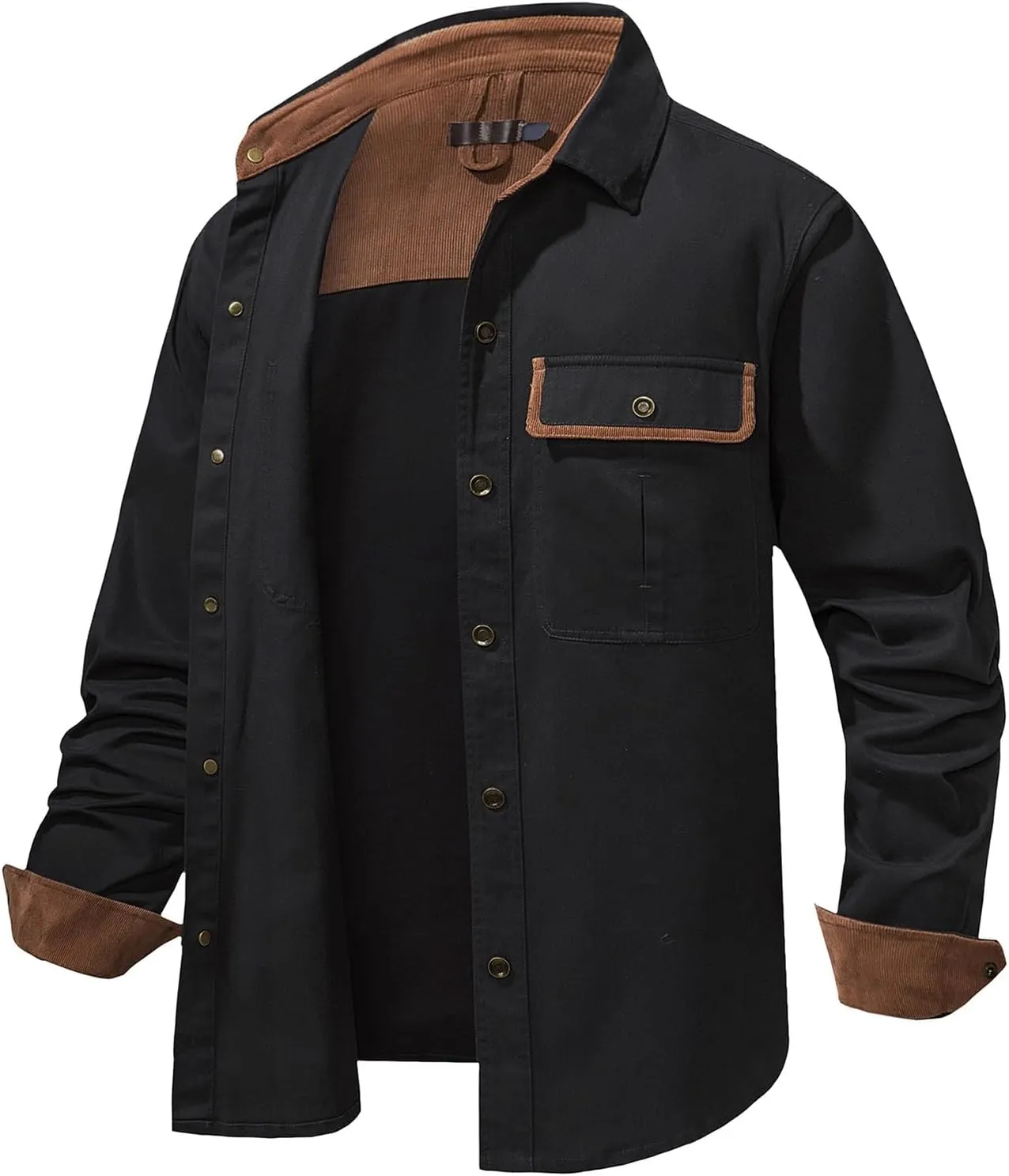 Men Cotton Shirt Casual Long Sleeve Metal Buttons Dress Shirts Stylish Colorblock Work Blouse Tees with Chest Pockets