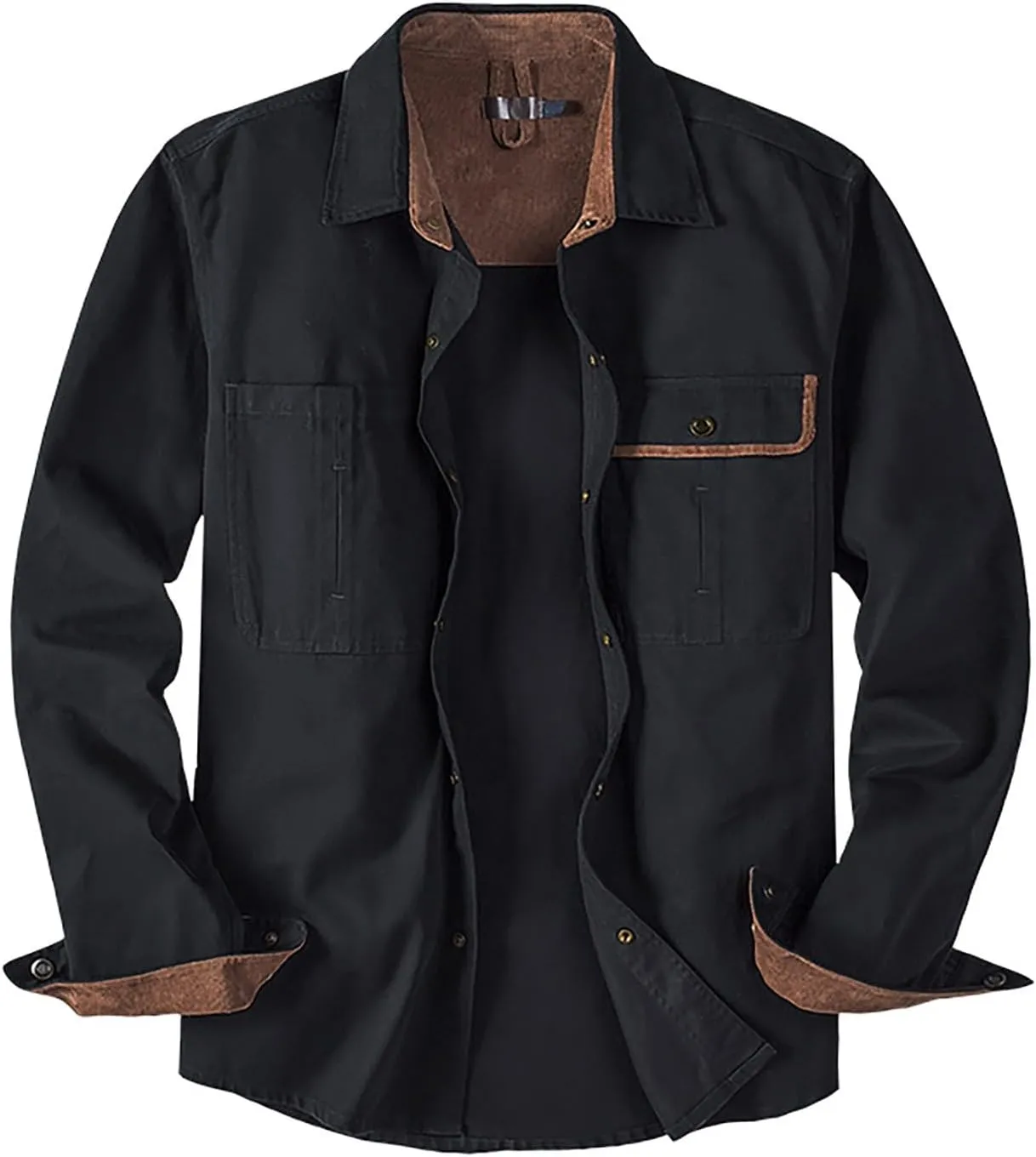 Men Cotton Shirt Casual Long Sleeve Metal Buttons Dress Shirts Stylish Colorblock Work Blouse Tees with Chest Pockets