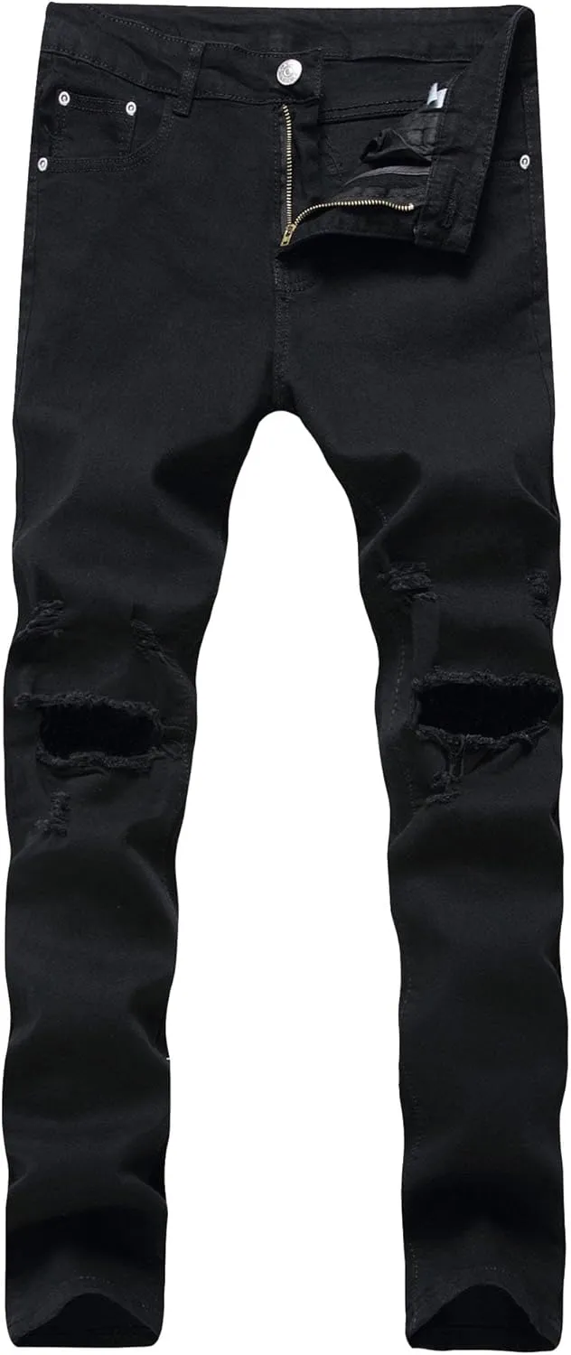Men Stretch Ripped Button Pencil Jeans Distressed Zipper Denim Pants with Holes Y2K Mid Waist Retro Skinny Trousers