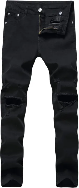 Men Stretch Ripped Button Pencil Jeans Distressed Zipper Denim Pants with Holes Y2K Mid Waist Retro Skinny Trousers