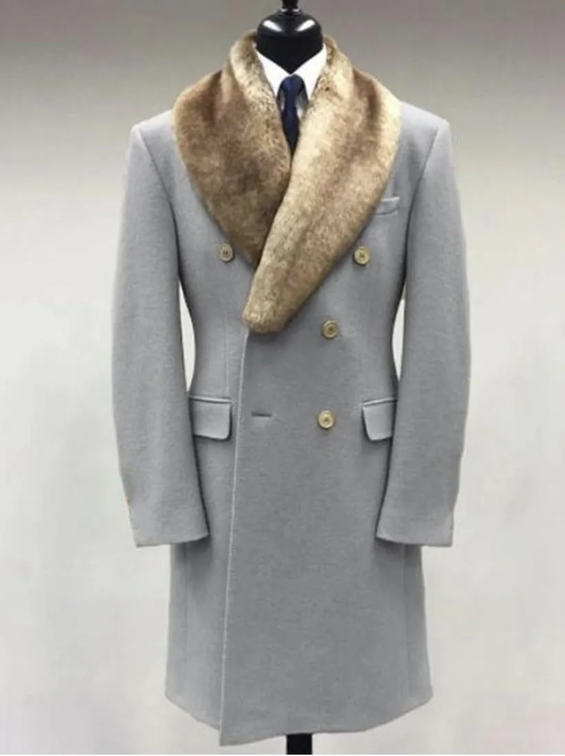 Men Trendy Trench Coat Faux Fur Collar Double Breasted Casual Thermal Business Work Office Fashion Overcoat Plus Size