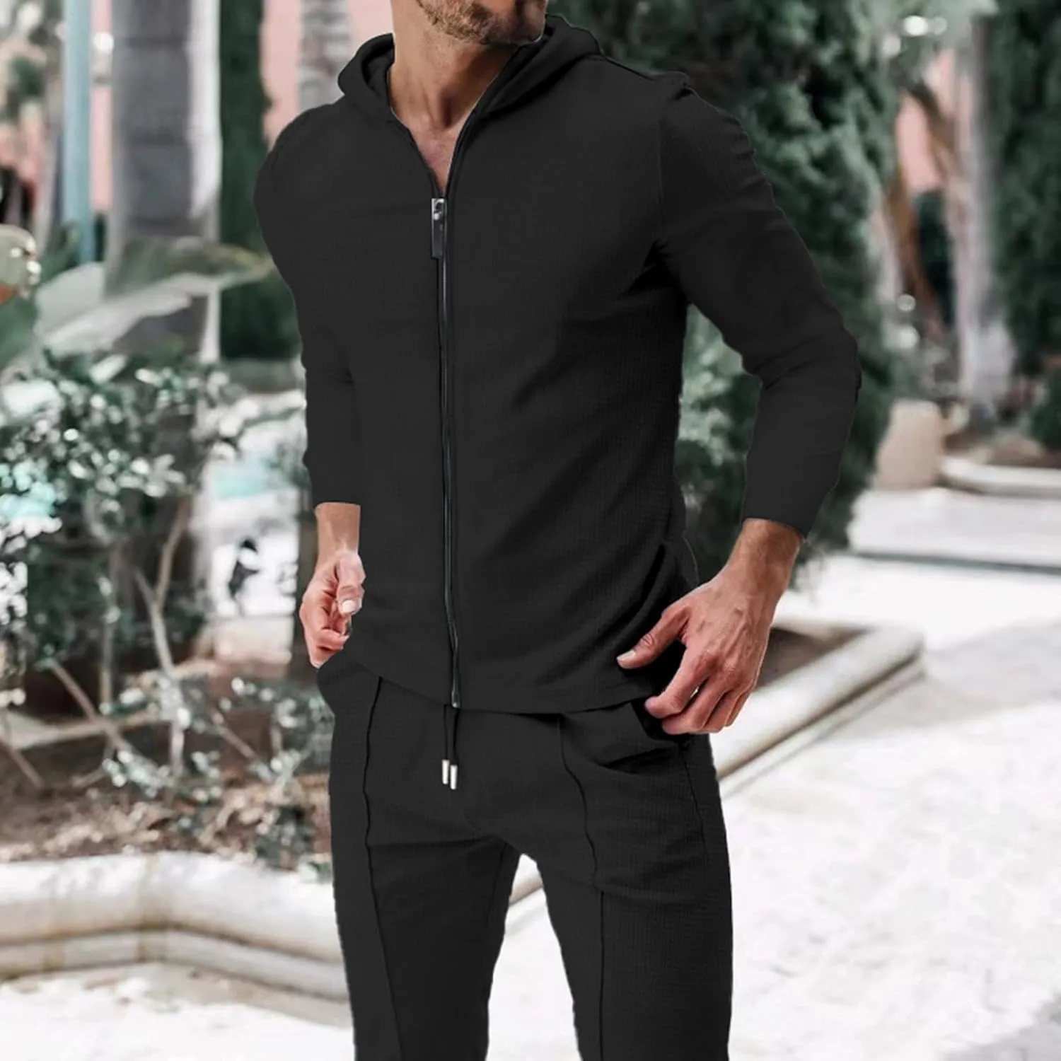 Men's 2 Piece Hoodie Sweatshirt Tracksuit Hooded Cardigan Solid Color Long Sleeve Pants Set Men's Tracksuit 2 Pieces
