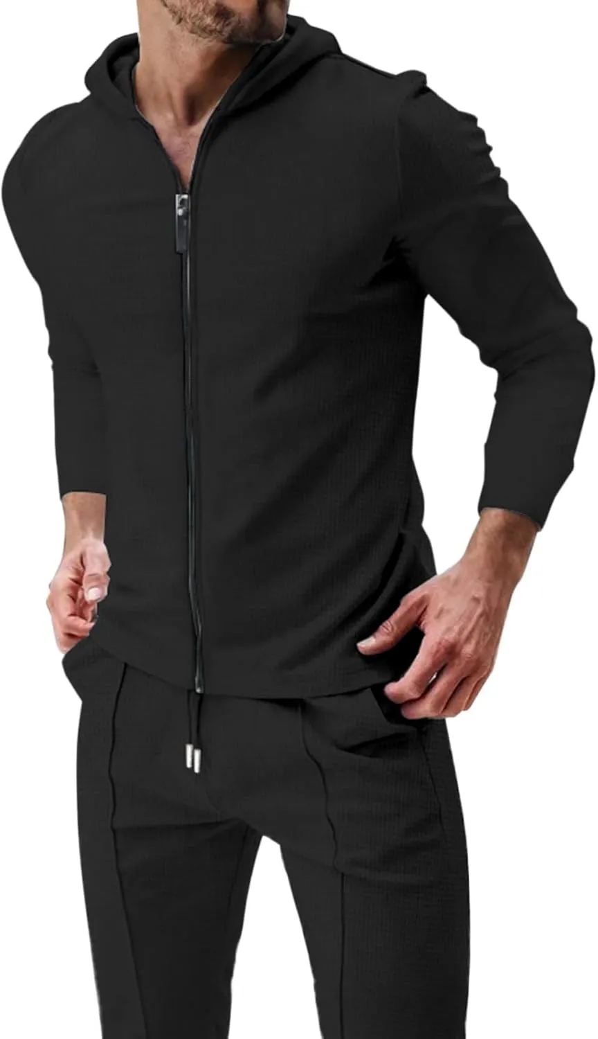 Men's 2 Piece Hoodie Sweatshirt Tracksuit Hooded Cardigan Solid Color Long Sleeve Pants Set Men's Tracksuit 2 Pieces