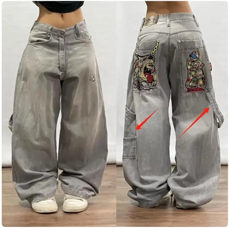 Men's and Women's Y2K Hip-hop Street Jeans Skeleton Print Gothic Loose Jeans Retro high Waisted Denim Wide Leg Pants