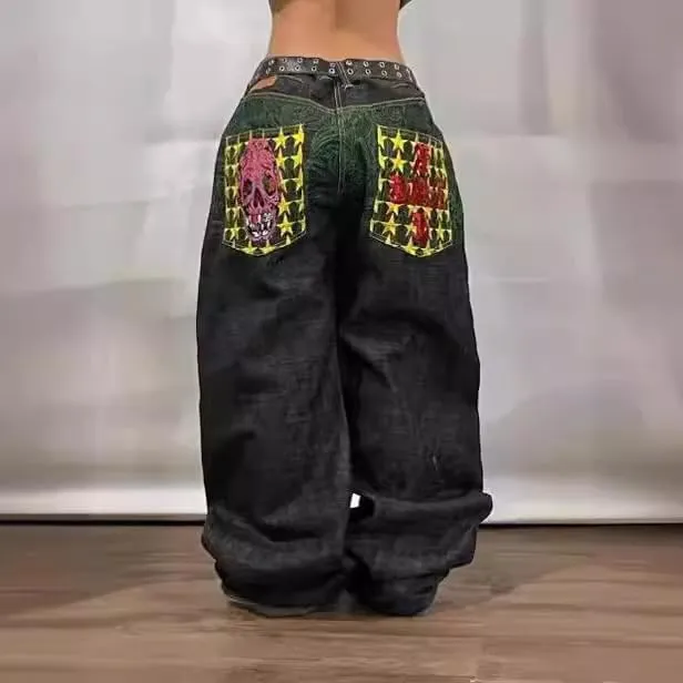 Men's and Women's Y2K Hip-hop Street Jeans Skeleton Print Gothic Loose Jeans Retro high Waisted Denim Wide Leg Pants