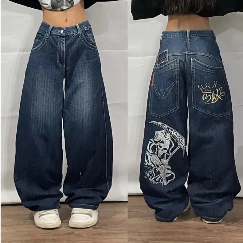 Men's and Women's Y2K Hip-hop Street Jeans Skeleton Print Gothic Loose Jeans Retro high Waisted Denim Wide Leg Pants