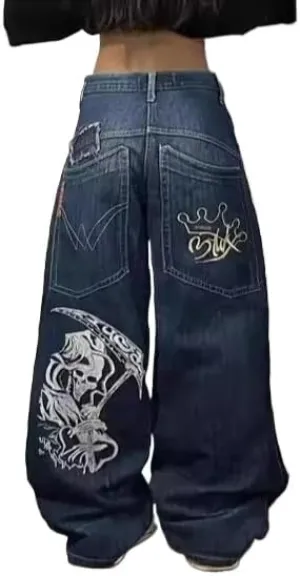 Men's and Women's Y2K Hip-hop Street Jeans Skeleton Print Gothic Loose Jeans Retro high Waisted Denim Wide Leg Pants