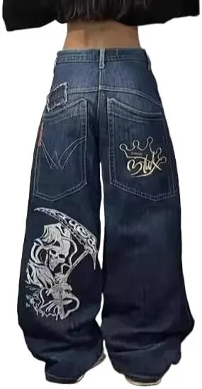 Men's and Women's Y2K Hip-hop Street Jeans Skeleton Print Gothic Loose Jeans Retro high Waisted Denim Wide Leg Pants