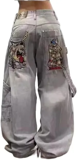 Men's and Women's Y2K Hip-hop Street Jeans Skeleton Print Gothic Loose Jeans Retro high Waisted Denim Wide Leg Pants
