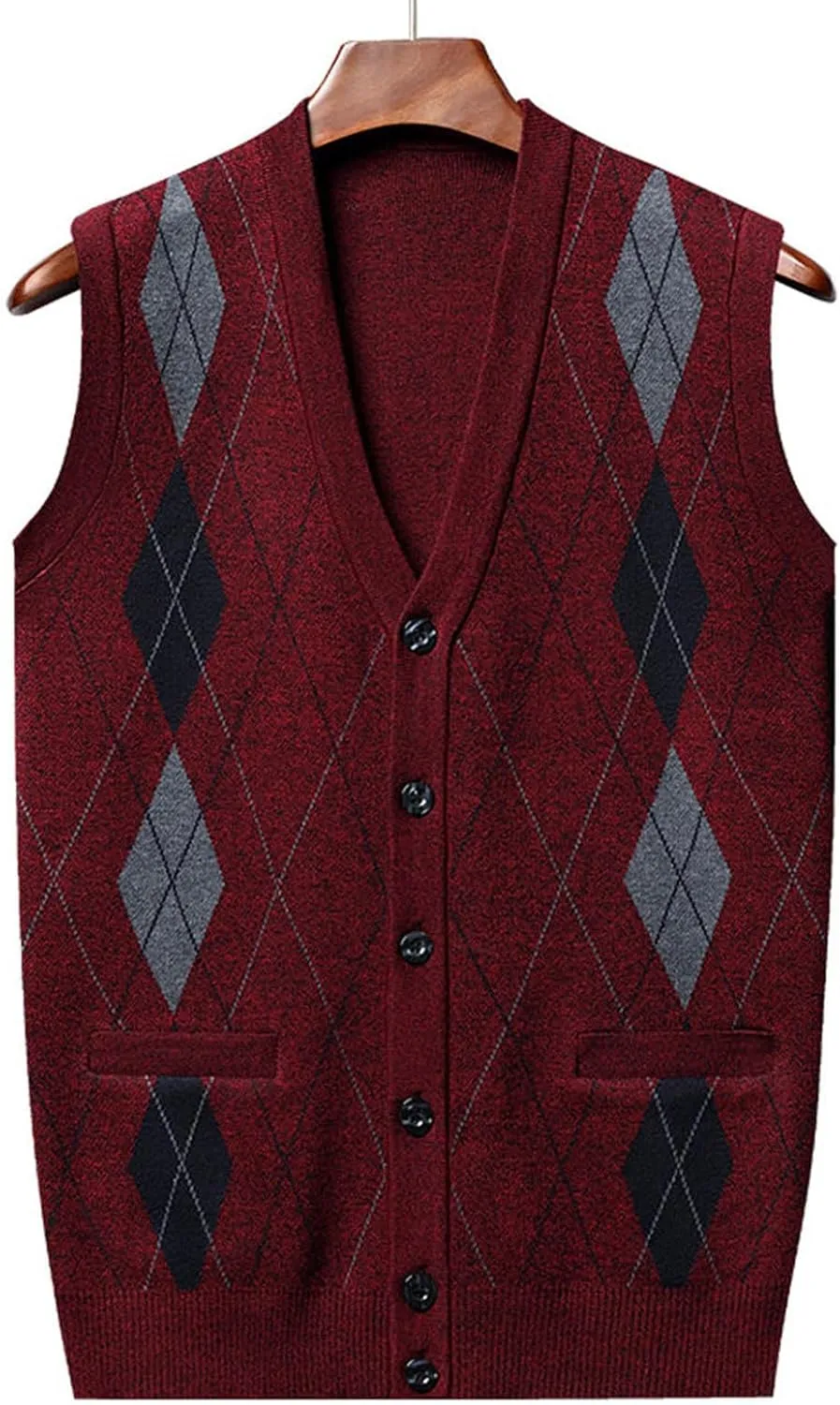 Men's Argyle Sweater Vest Button V Neck Fall Cardigan Casual Sleeveless Knitted Houndstooth Jumper Tops
