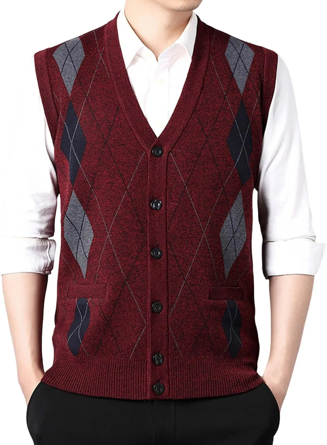 Men's Argyle Sweater Vest Button V Neck Fall Cardigan Casual Sleeveless Knitted Houndstooth Jumper Tops