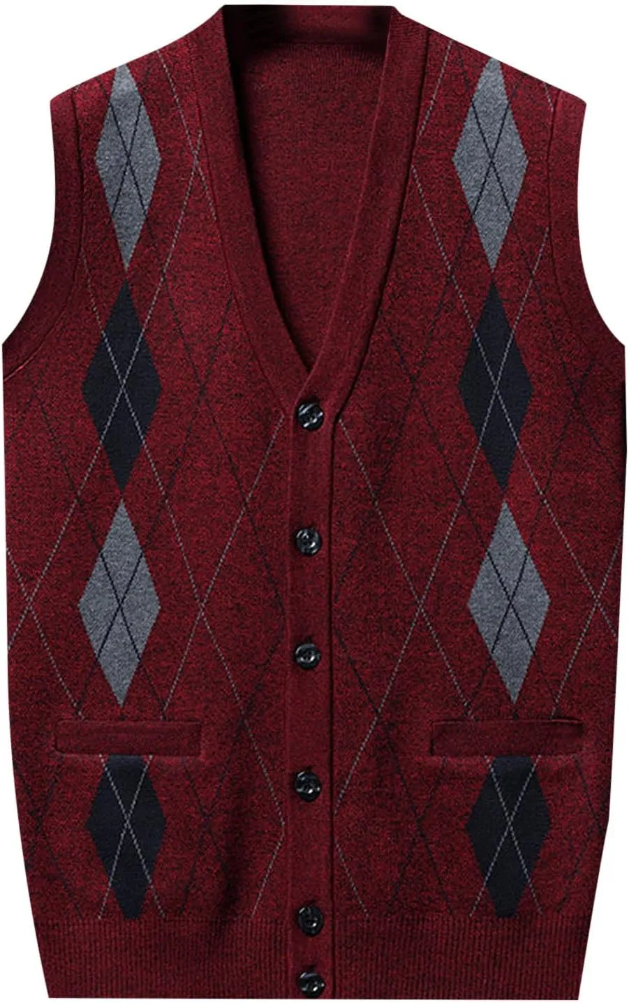 Men's Argyle Sweater Vest Button V Neck Fall Cardigan Casual Sleeveless Knitted Houndstooth Jumper Tops