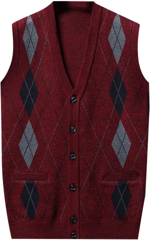 Men's Argyle Sweater Vest Button V Neck Fall Cardigan Casual Sleeveless Knitted Houndstooth Jumper Tops